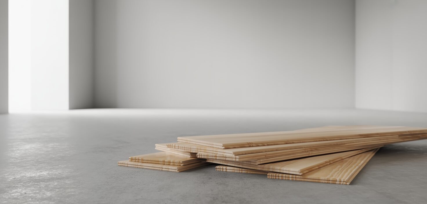 En photorealistisk bild visar ett furugolv som acklimatiseras i ett tomt, minimalistiskt rum.
