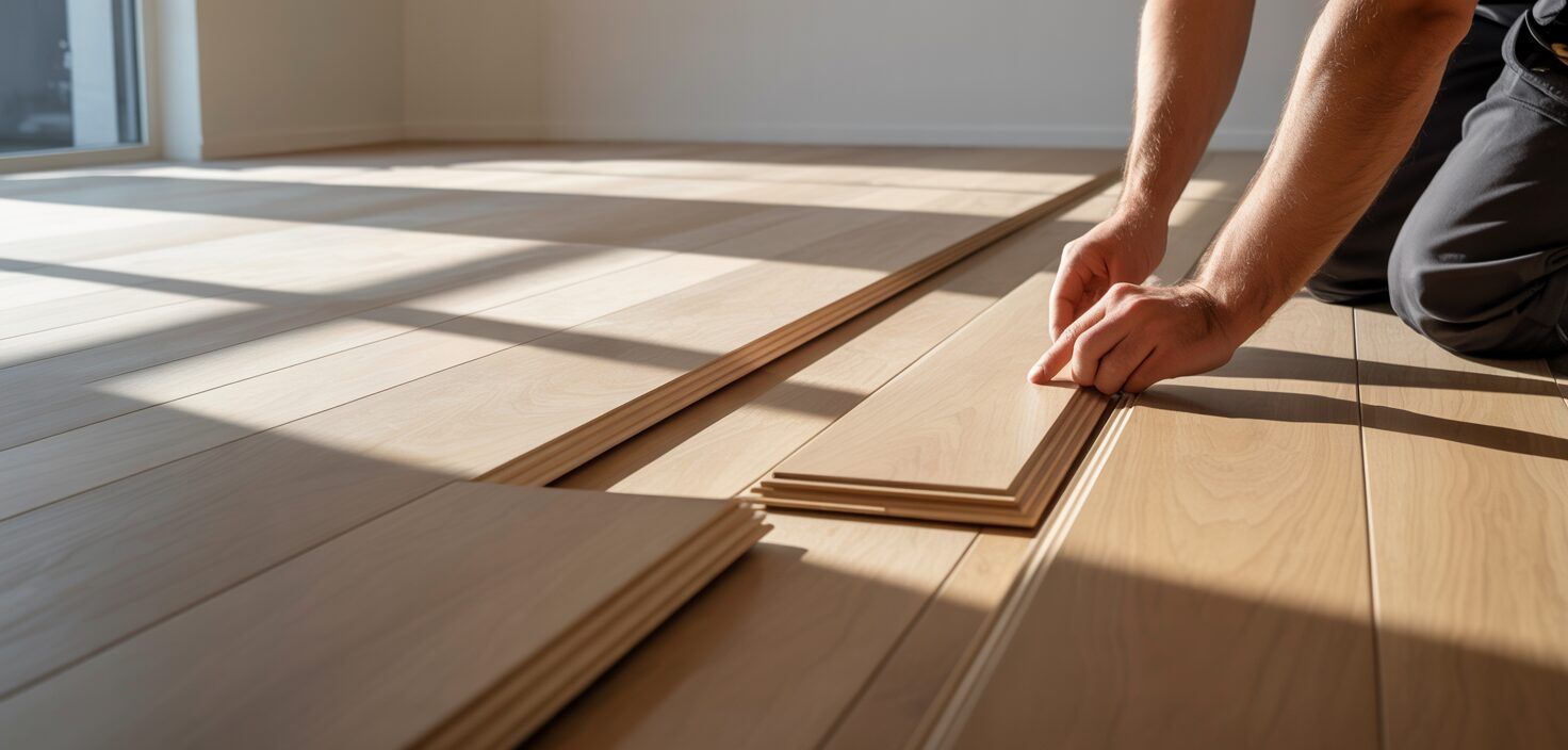En fotografisk bild av en golvläggare som installerar ett trägolv i ett ljust, minimalistiskt hem. Fokus på precision och renhet.
