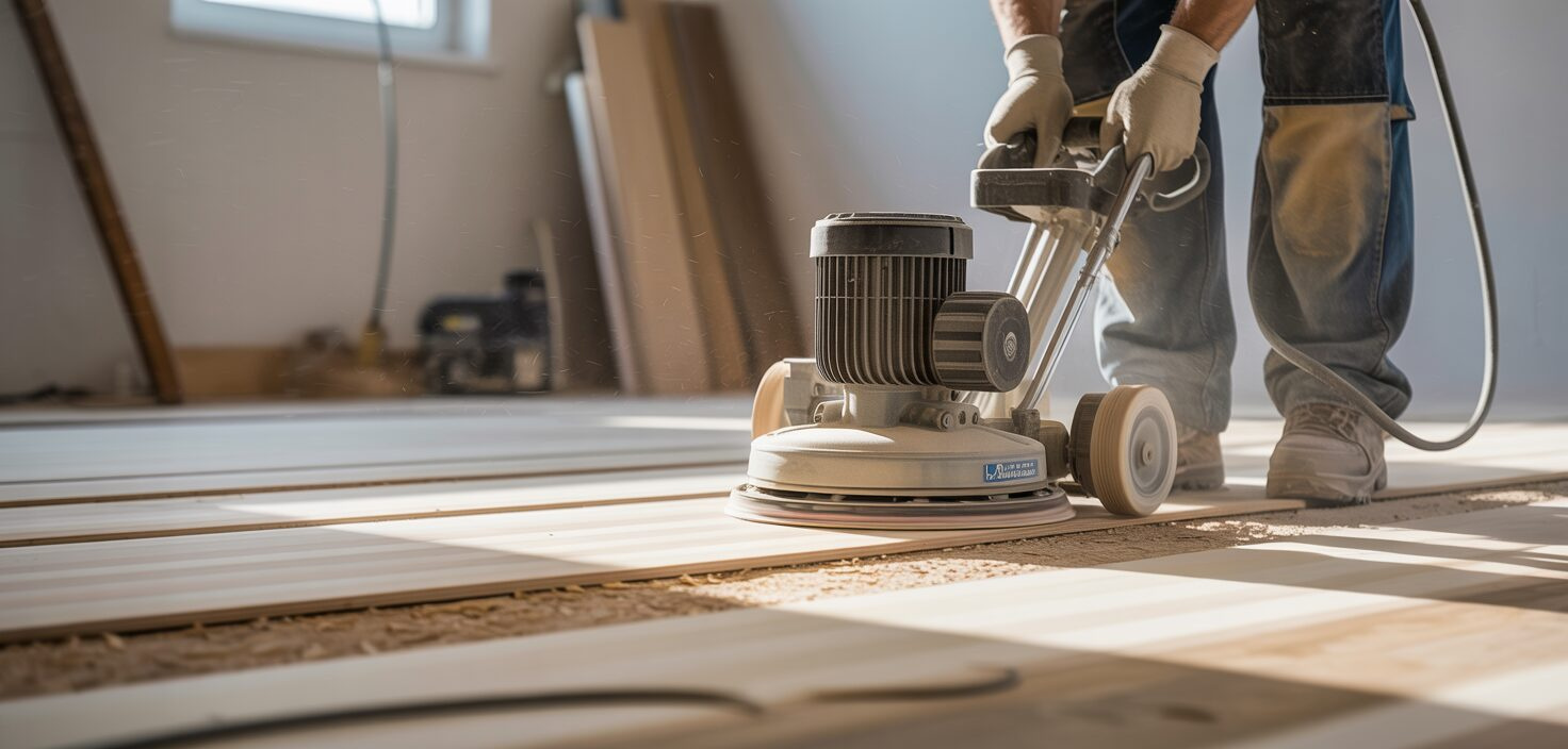 En golvslipmaskin i arbete, med fokus på slipning och förberedelse av trägolvet.
