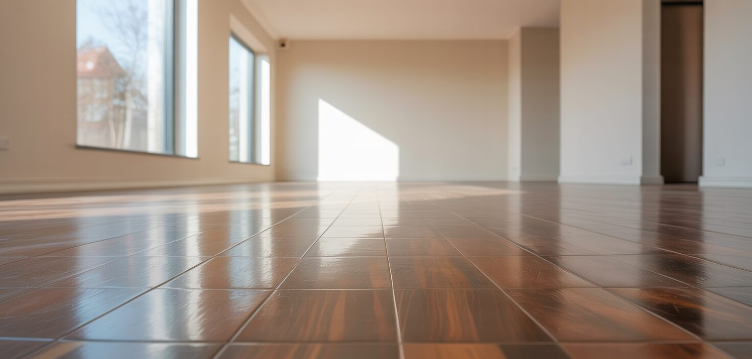 En fotorealistisk bild av ett rum med klickvinylgolv, minimalistisk inredning och naturligt ljus.