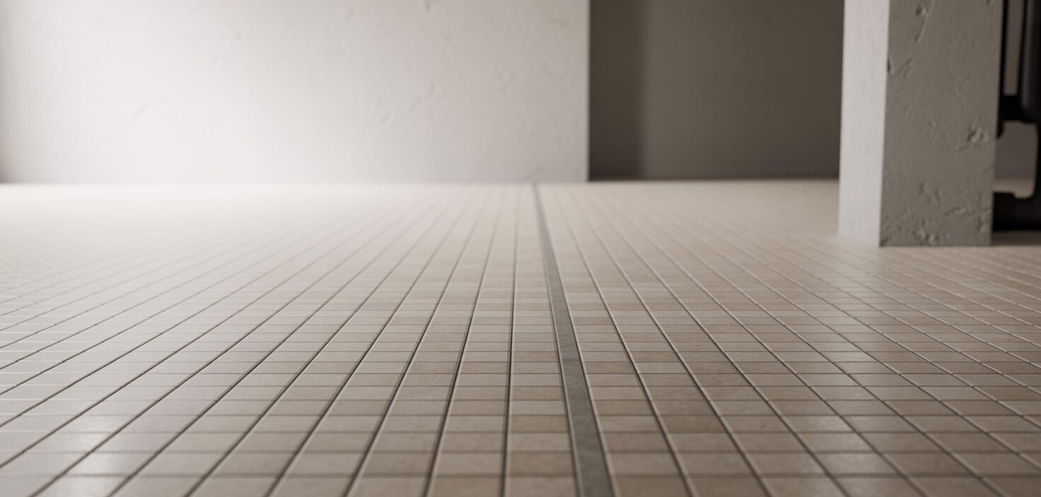 En fotorealistisk bild av ett klinkergolv i en källare med golvvärme, minimalistisk design.