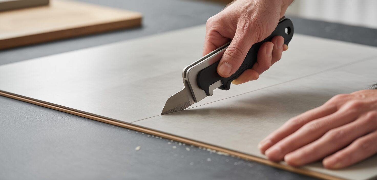 En professionell närbild av en mattkniv som skär i en linoleumplatta i en minimalistisk miljö med en skärbräda.
