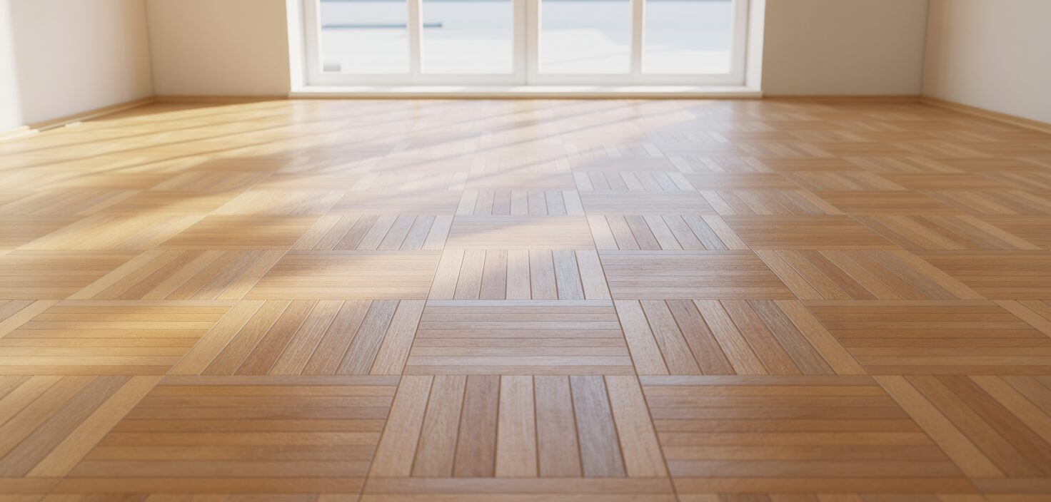 Ett parkettgolv med naturligt ljus, minimalistisk interiör.