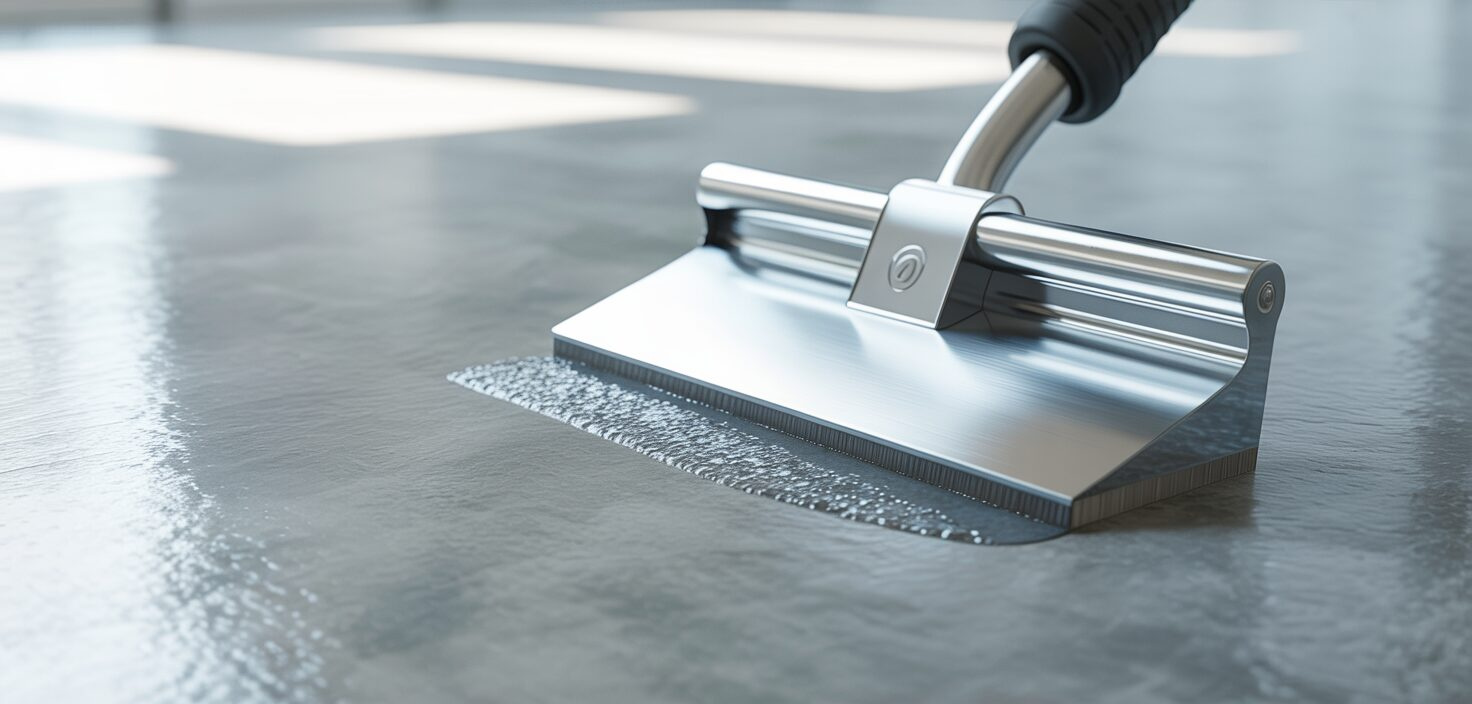 Närbild på en spackelspade som används för att ta bort limrester från ett golv.