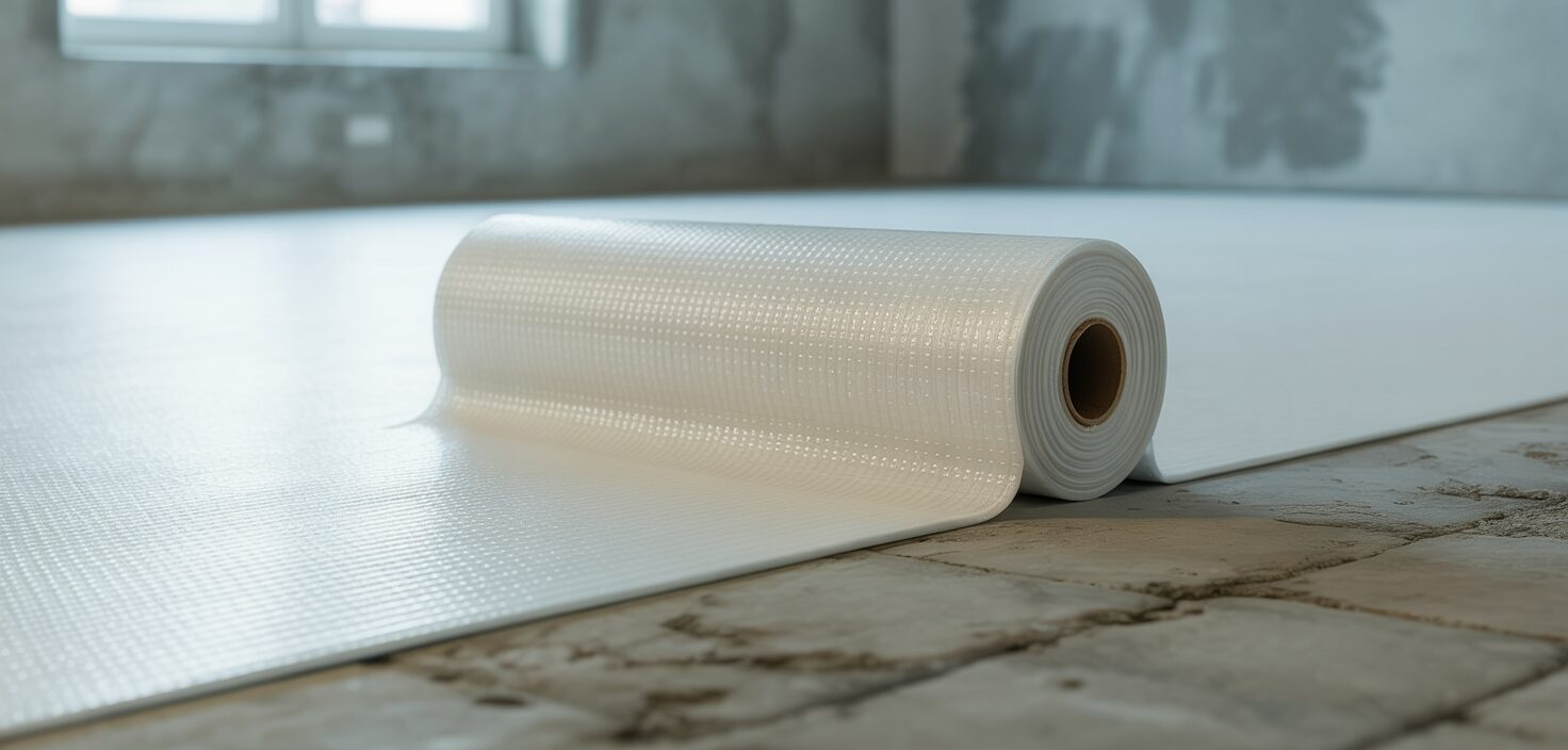 En fotorealistisk bild av en rulle underlagsfoam utrullad på ett betonggolv, med fokus på dess jämna yta och rena linjer. Ljuset är mjukt och naturligt.