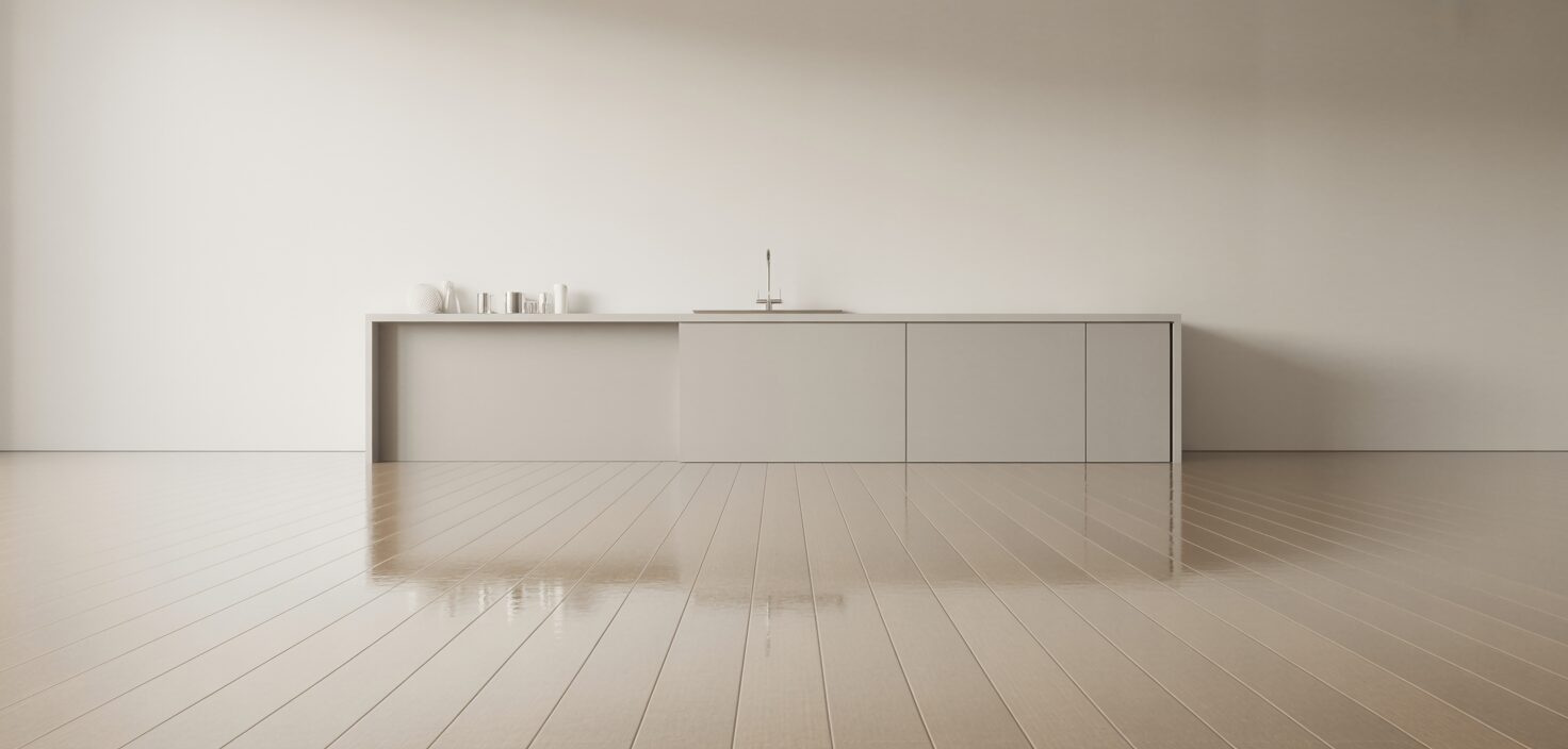 Ett minimalistiskt kök med vinylgolv i ljusa toner, fotograferat med naturligt ljus.