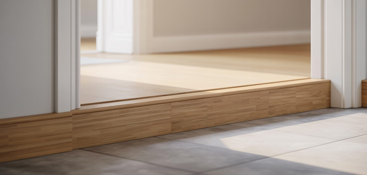 En fotorealistisk bild av en trätröskel i en minimalistisk, ljus hall. Renovering av golv med fokus på detaljer.
